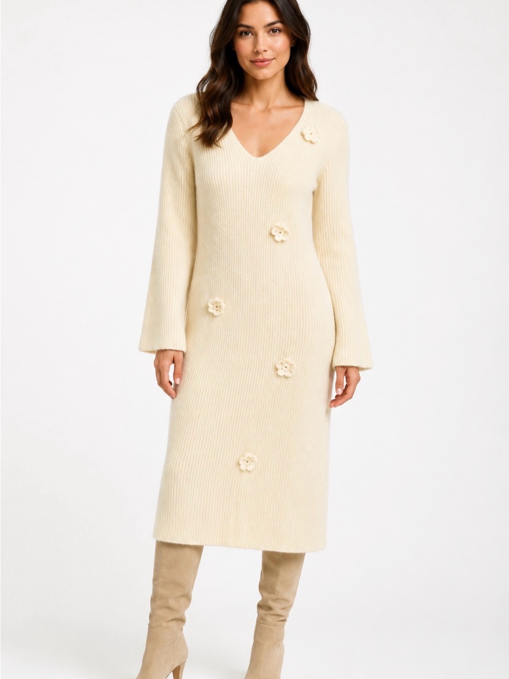 Cream Knit V-Neck Midi Dress with Floral Appliqués